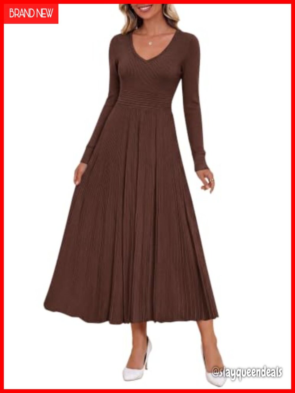 Pleated V-Neck Midi Sweater Dress Long Sleeve A-Line
